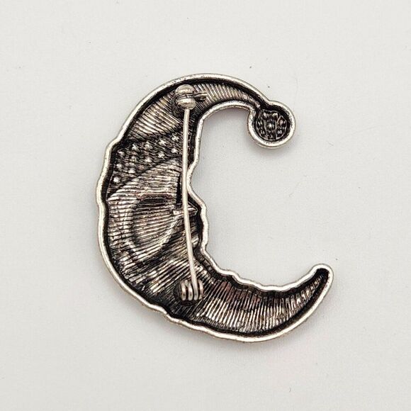 Half Moon Santa Brooch Pin Silver Tone Embossed Red Enamel Rhinestone Jewelry - Picture 2 of 4